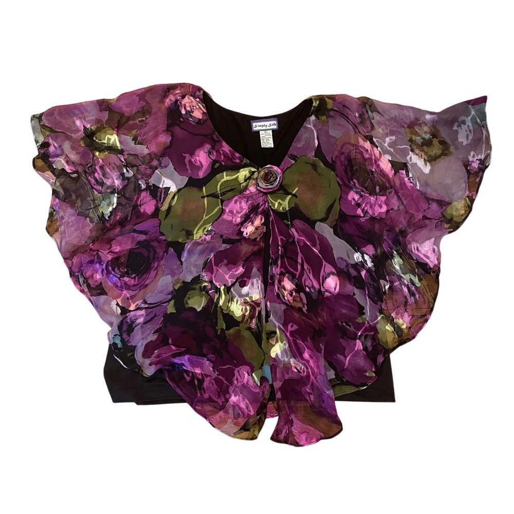 Simply Silk Blouse Large Purple Floral Silk Blend Chiffon Overlay Flutter Sleeve